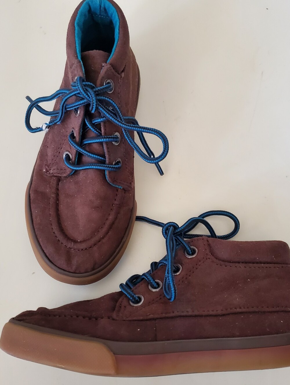 Brown Suede Like Fabric And Teal Lace Ankle Boots Size 10 Boys
